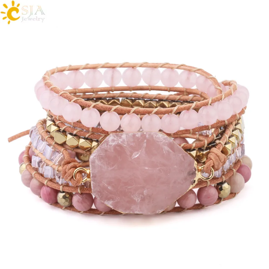 Charm CSJA Naturstensarmband Rosa Kvarts Läderarmband för Kvinnor Rosenstenar Kristallpärlor Bohemiska Smycken 5_voghion.com