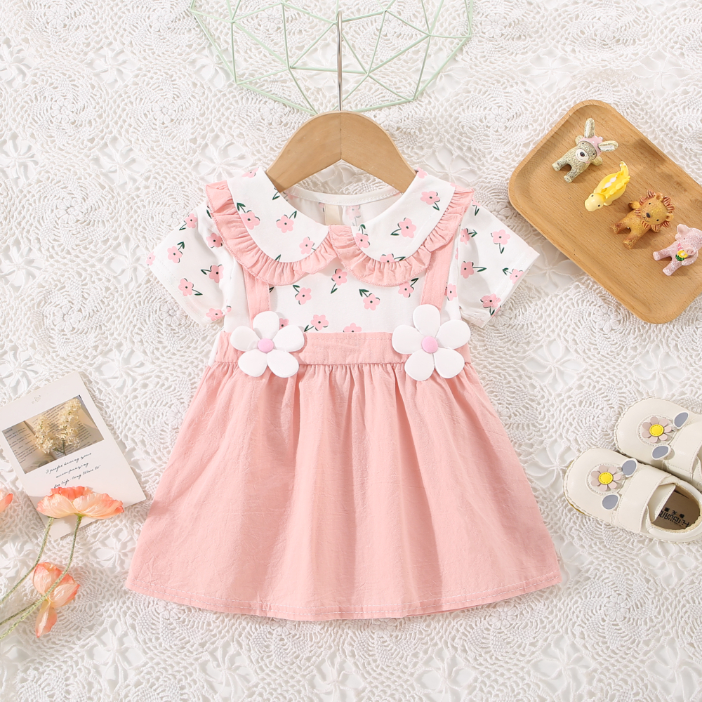 Robe d'été pour petite fille avec bord à volants et col de poupée, robe imprimée à fleurs, vêtements mignons pour enfants_voghion.com