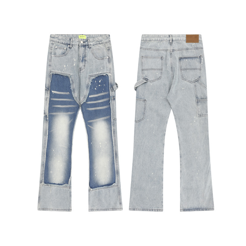 Men's Clothing High Street Washed Distressed Ink-splashed Jeans Men's Trendy Hip-hop Retro Loose Color Matching Casual Trousers