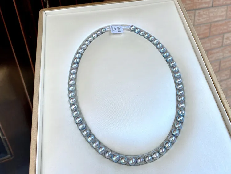 Collier de perles rondes grises authentiques naturelles de la mer du Sud de 18 pouces et 8 à 9 mm pour femmes, bijoux ras du cou_voghion.com