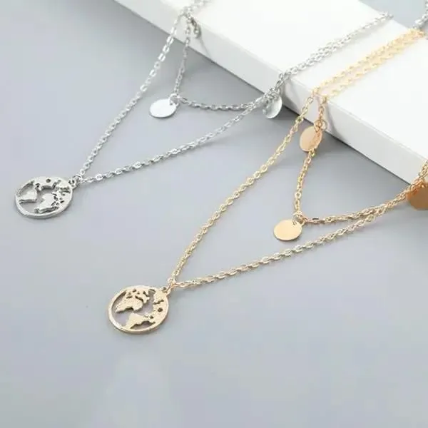 Collar con colgante de mapa del mundo multicapa moda_voghion.com