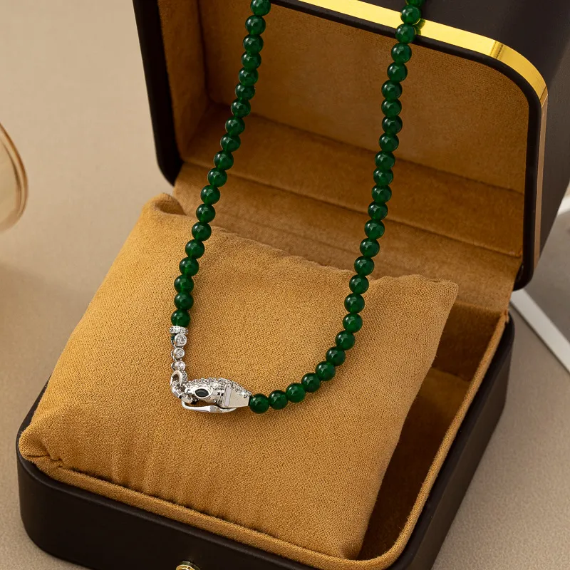 Ketten Smaragd Ronn Perlen Halskette Weiblech Achat Chalcedon Leopard Kapp Perlen Schléissebeen Kette Chinesesch High-End Hand_voghion.com
