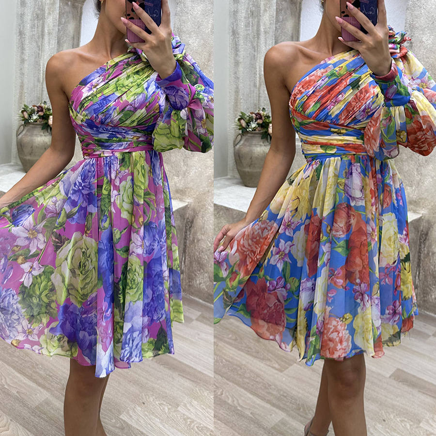 Women's fashion diagonal shoulder casual printed women's dress