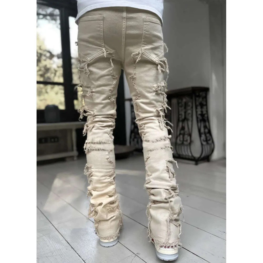 Pantalon droit en denim à patch élastique pour homme, nouvelle mode de rue_voghion.com