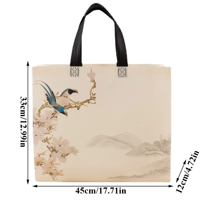 Non-woven Shopping Eco Large Capacity Portable Storage Pouch Flower Bird Print Handbag Reusable Foldable Shoulder Bag_voghion.com