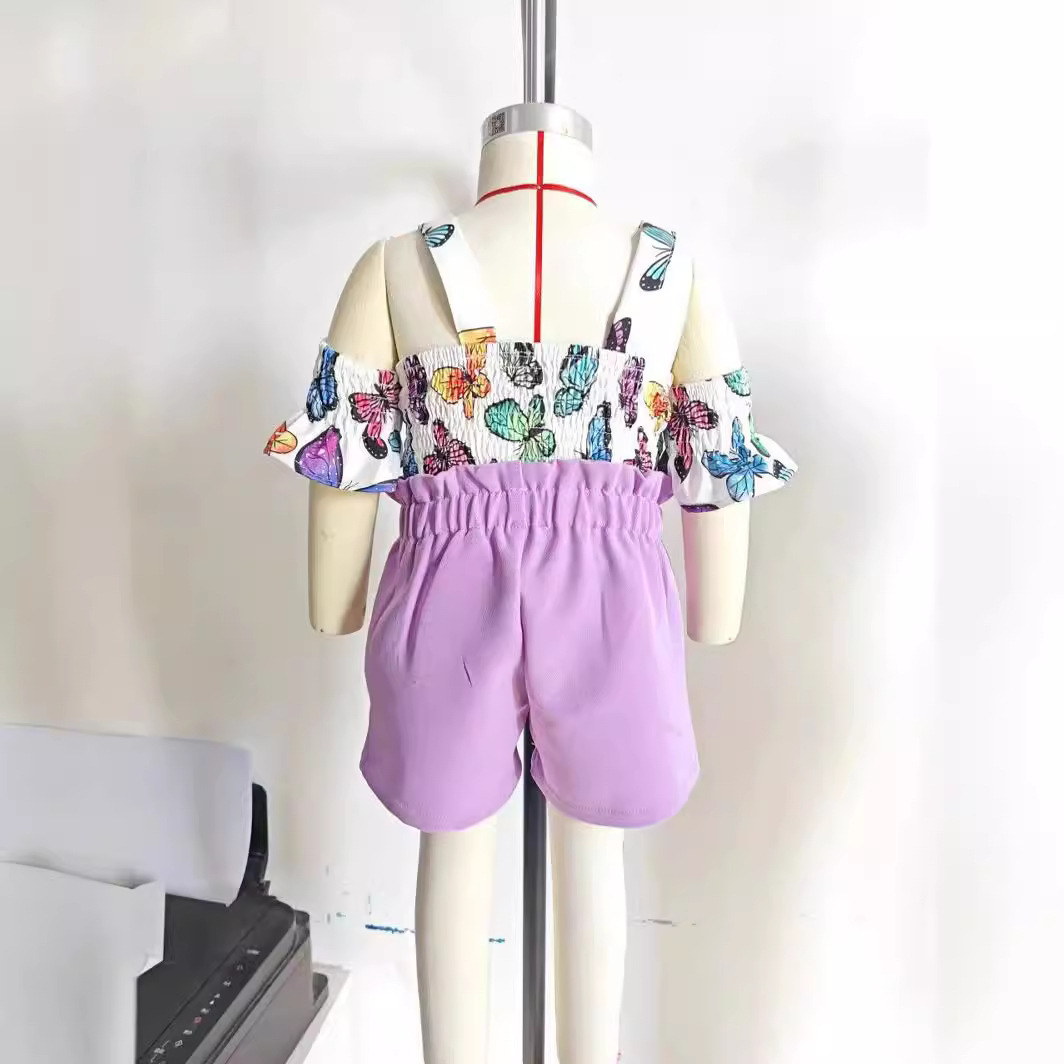 Mamma e bambini 2024 Estate Nuove neonate europee e americane Dolce farfalla Stampa Bretelle Top e pantaloncini Set a due pezzi_voghion.com