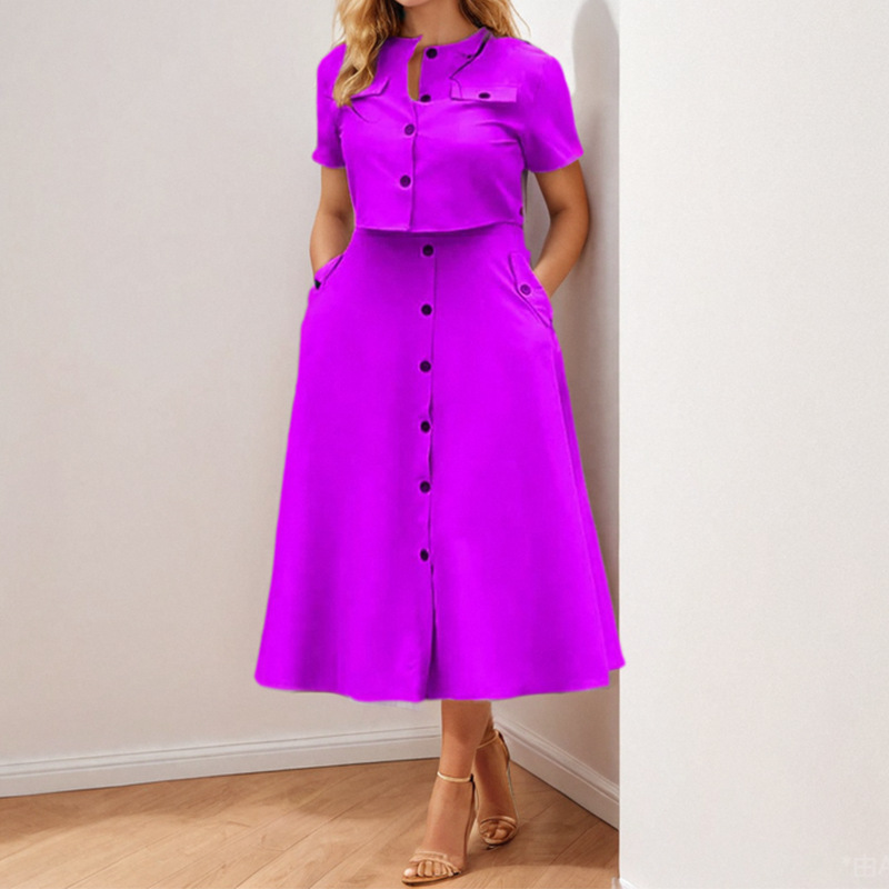 Elegantes, einfarbiges, lässiges kurzes Oberteil mit Rock mit einem Knopf – stilvolles Damen-Outfit für Arbeit und Freizeit