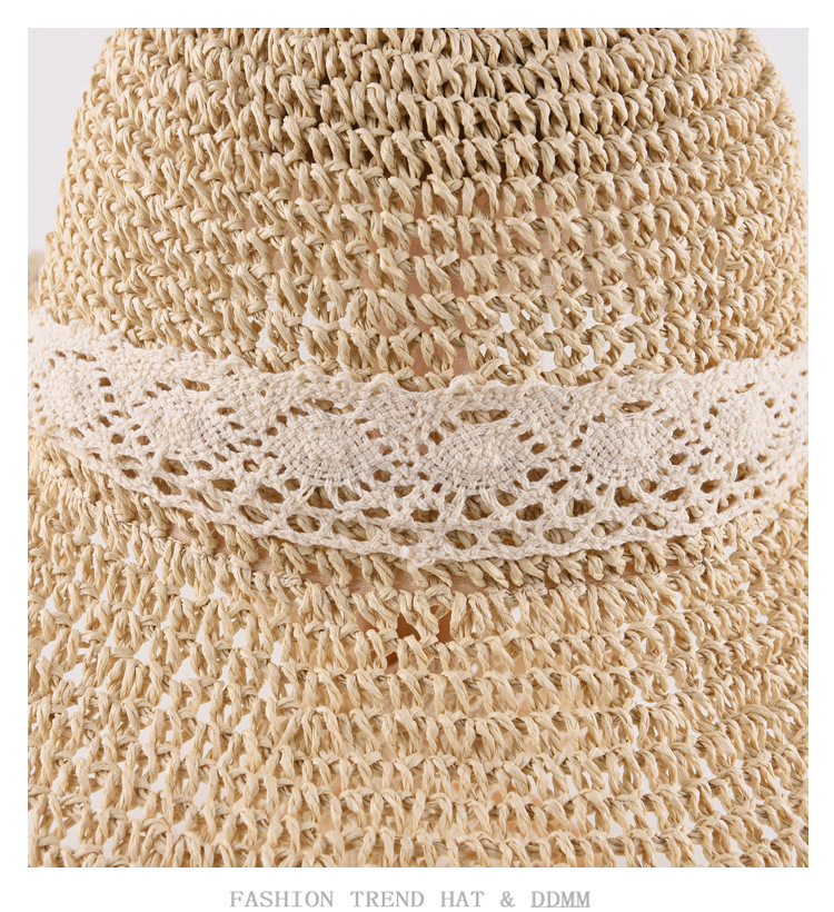 Sommerstrand-Spitzenstrohhut für Damen, frischer Sonnenschutzhut, Sonnenschirm, faltbarer Sonnenhut für Tourismus und Urlaub_voghion.com