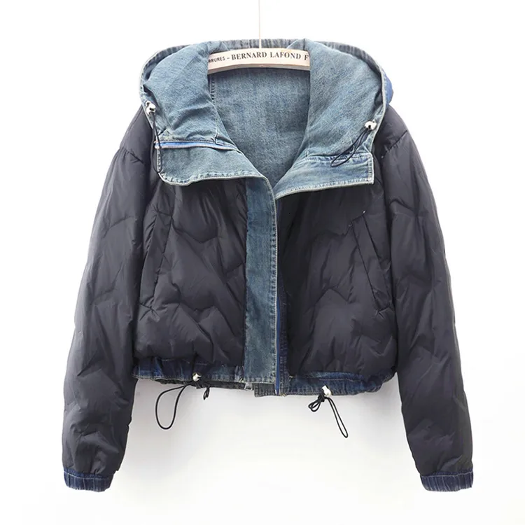 Giacca da donna in denim di cotone invernale, corta, ampia, con cappuccio, blu vintage, con tasche grandi, in jeans, da cowboy_voghion.com