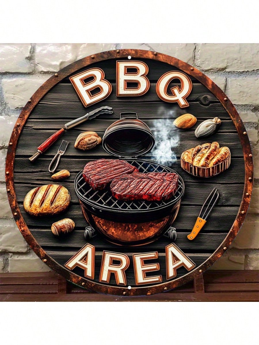 Wooden Barbecue Area,Vintage Barbecue Wall Art, Featuring Outdoor Decorations With Steak And Tool Images, Retro Bar/Cafe/Backyard Terrace Accessories_voghion.com