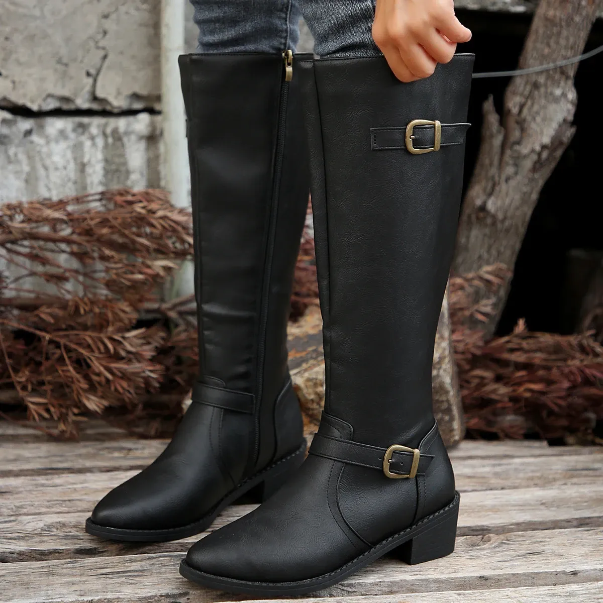 Boots Women Knee High Fashion Low Heels Square Platform Long Brown Black Leather Zip Winter Warm Shoes Booties_voghion.com