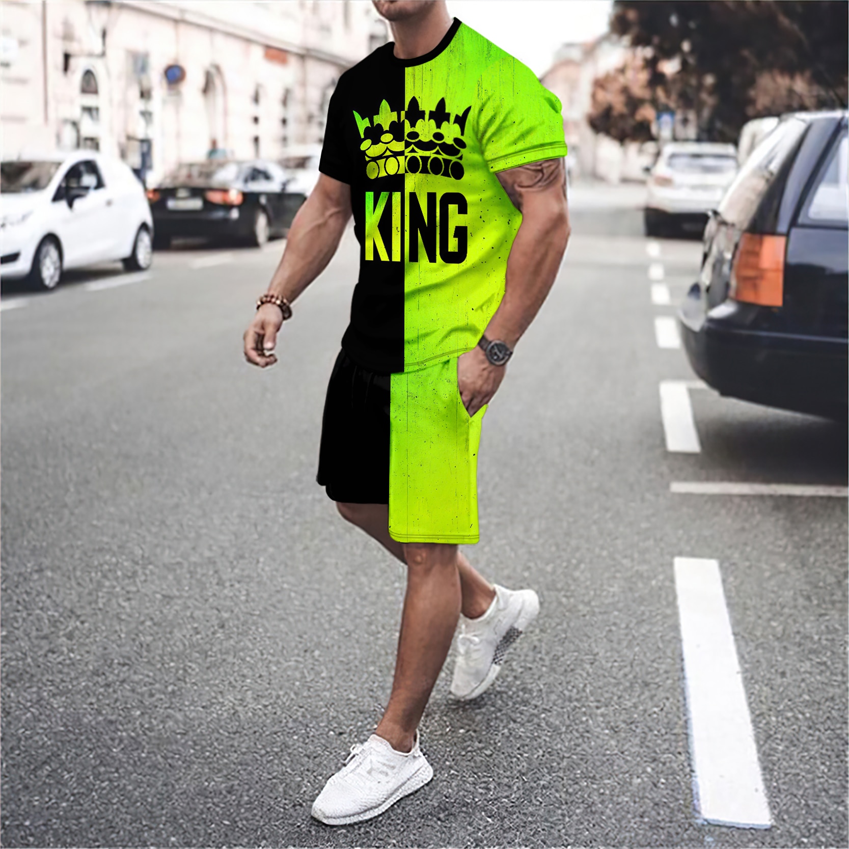 men's round neck short sleeved T-shirt and shorts set 3D smiling face letter patchwork fashionable casual basketball_voghion.com