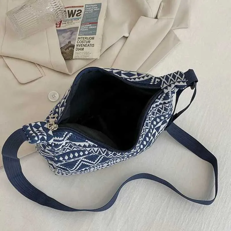 Borsa a tracolla piccola in tela con cerniera semplice stile etnico Fem Messenger Trend 2023 Borsa da spiaggia intrecciata Y241026_voghion.com