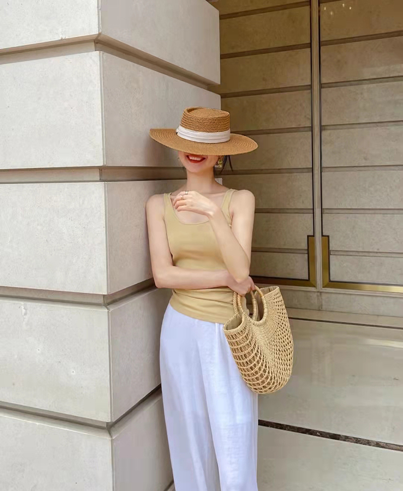 Lafite da donna, cappello da pescatore estivo con protezione solare flat top, foto da spiaggia, cappello in paglia intrecciata_voghion.com