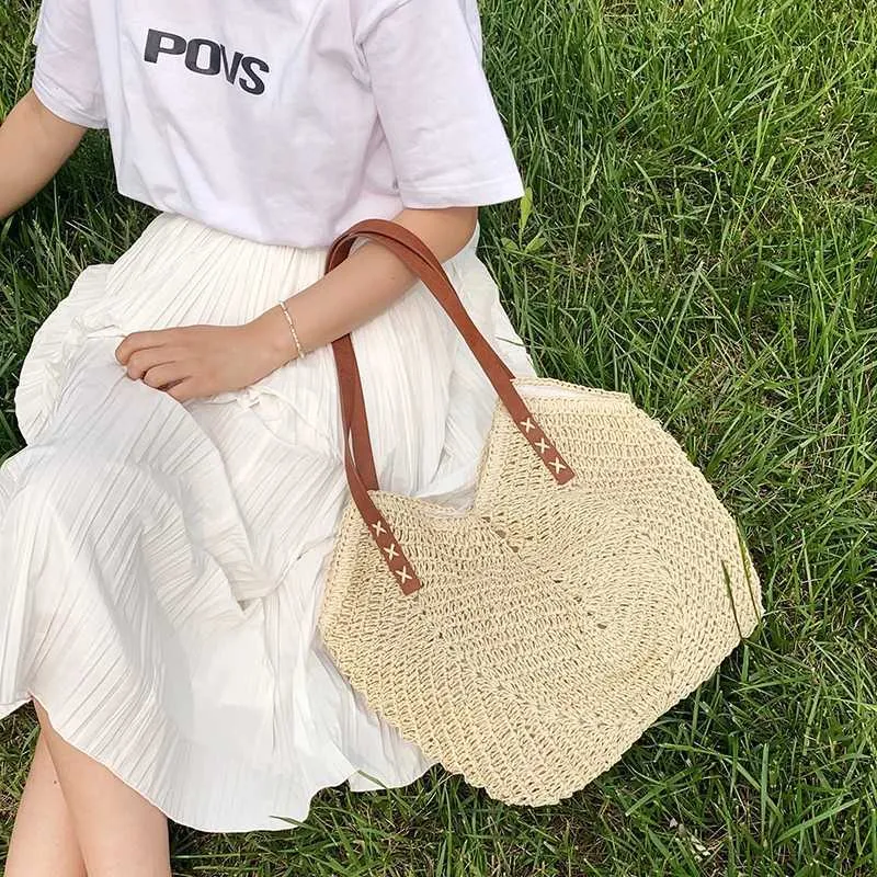 Summer grass woven shoulder bag Latan Beach large capacity handmade vacation travel shopping handbag Y241011_voghion.com