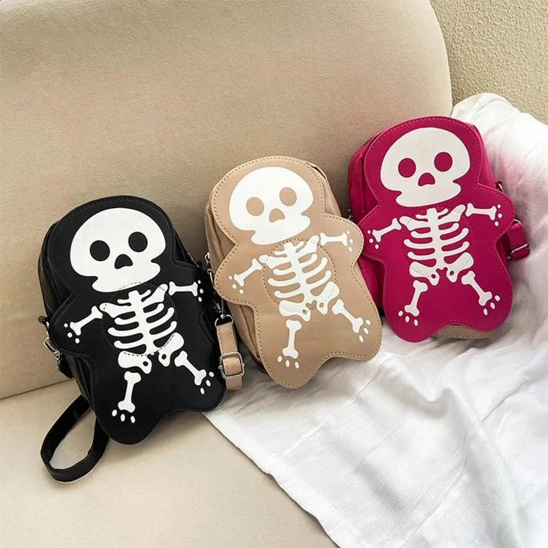 Halloween Crossbody Lustiges kleines süßes Skelett Schultertasche PU-Leder Messenger Handtasche Einkaufstasche Weihnachtsgeschenk 240912_voghion.com