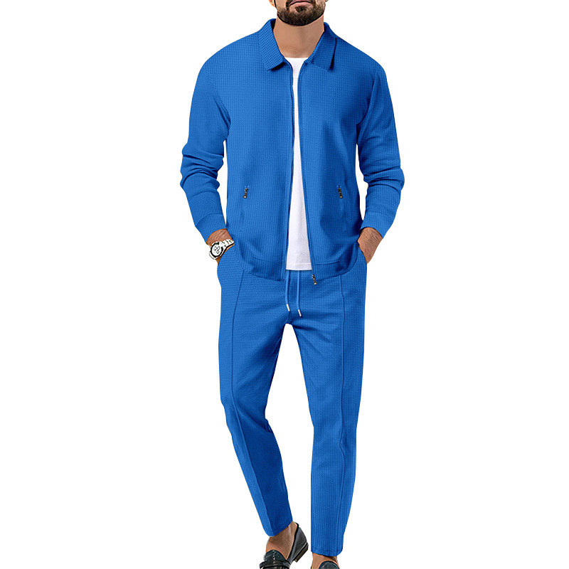 2024 mantel Herbst Jugend Waffel Zip Tasche Flip Kragen Slim Fit Strickjacke männer Jacke Set_voghion.com