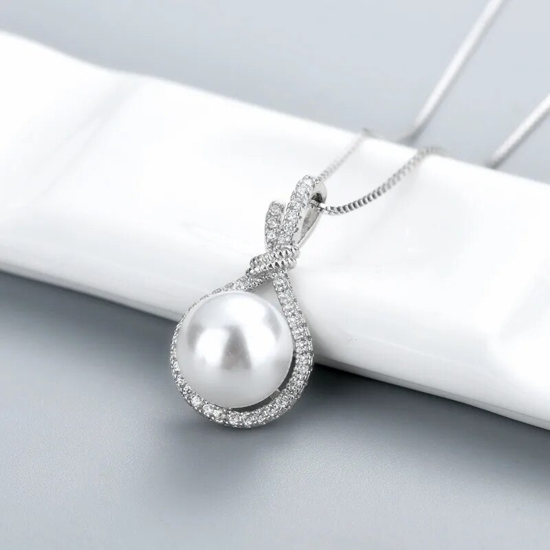 Collier pendentif en argent à la mode avec perle blanche ronde et zircone, accessoires pour femmes, mariage, fiançailles, vente en gros_voghion.com