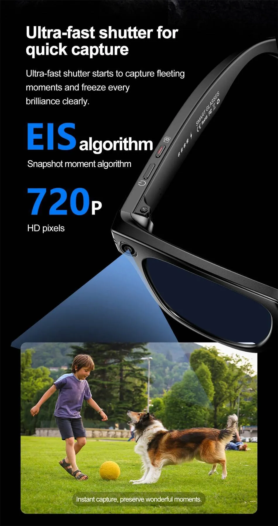 Neue Kamera mit Smart-Glas, Fotosteuerung, Sprachaufzeichnung, Übersetzung, Bluetooth-Anruffunktion, Sportfunktion, wasserdicht und UV-beständig_voghion.com