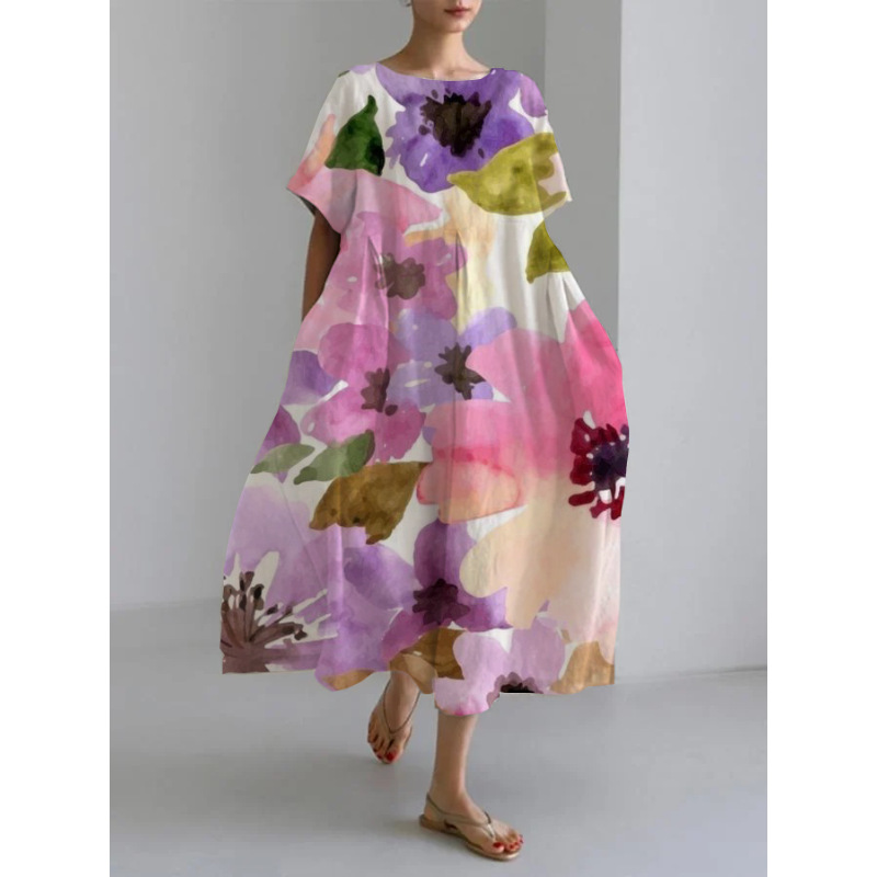 Women's clothing loose round neck fashion high-end short-sleeved printed dress_voghion.com