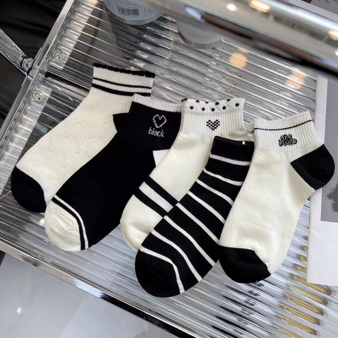 10 paia di calzini bianchi e neri da donna estivi sottili alla moda in stile college all-match semplice amore barca da donna_voghion.com
