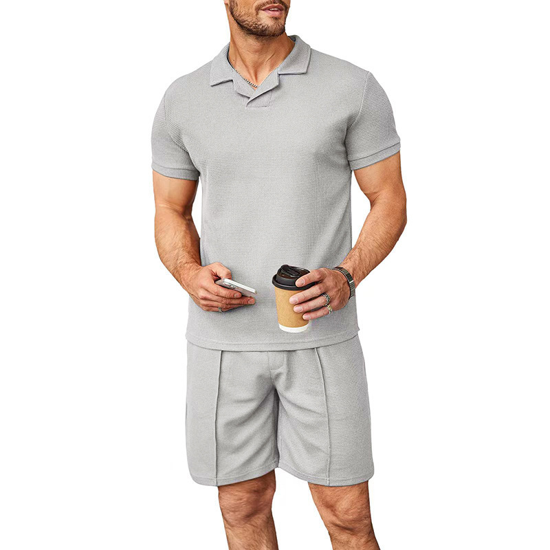 Men's summer new waffle V-neck polo shirt with flip collar short sleeved T-shirt men's set_voghion.com