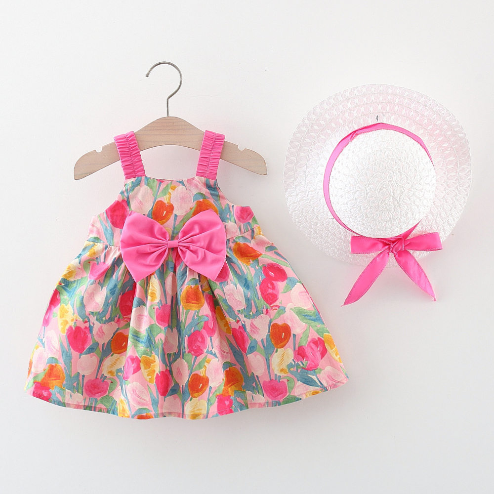 Newborn Baby Girl Dress Flower Printed Sling Bow Dress Send Hat_voghion.com