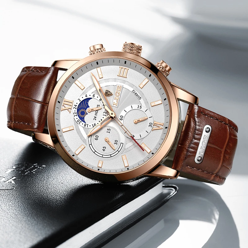 Men's Luxury Quartz Chronograph Watch With Leather Strap & Box_voghion.com