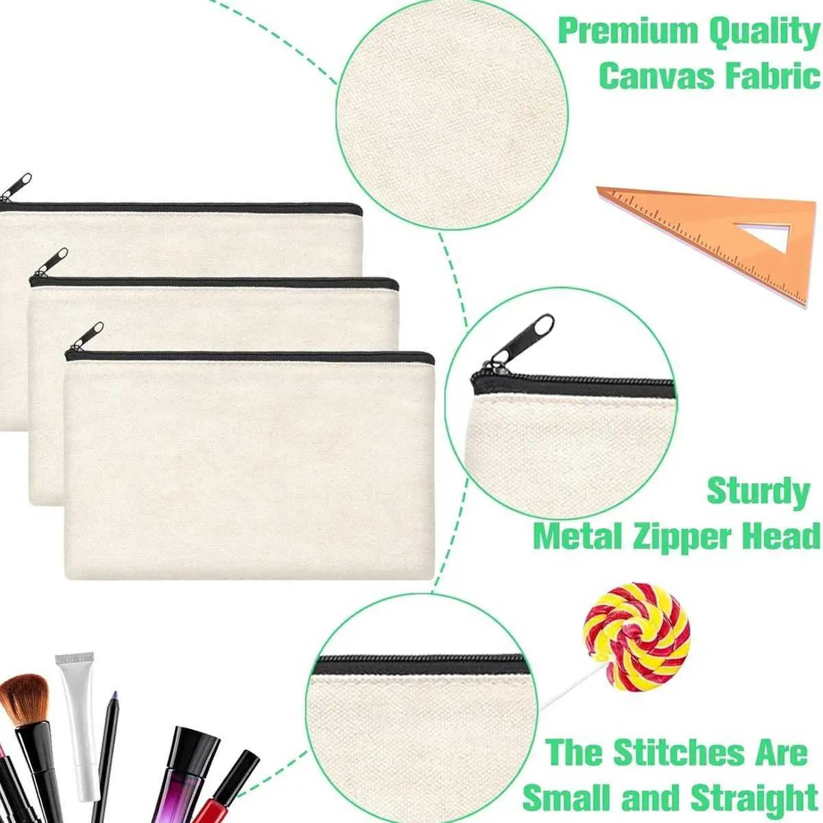 Lot de 12 sacs en toile beige vierges à faire soi-même avec fermeture éclair - Trousse de maquillage en vrac de 8,3 pouces x 5 pouces pour le rangement de voyage et la papeterie Y241023_voghion.com