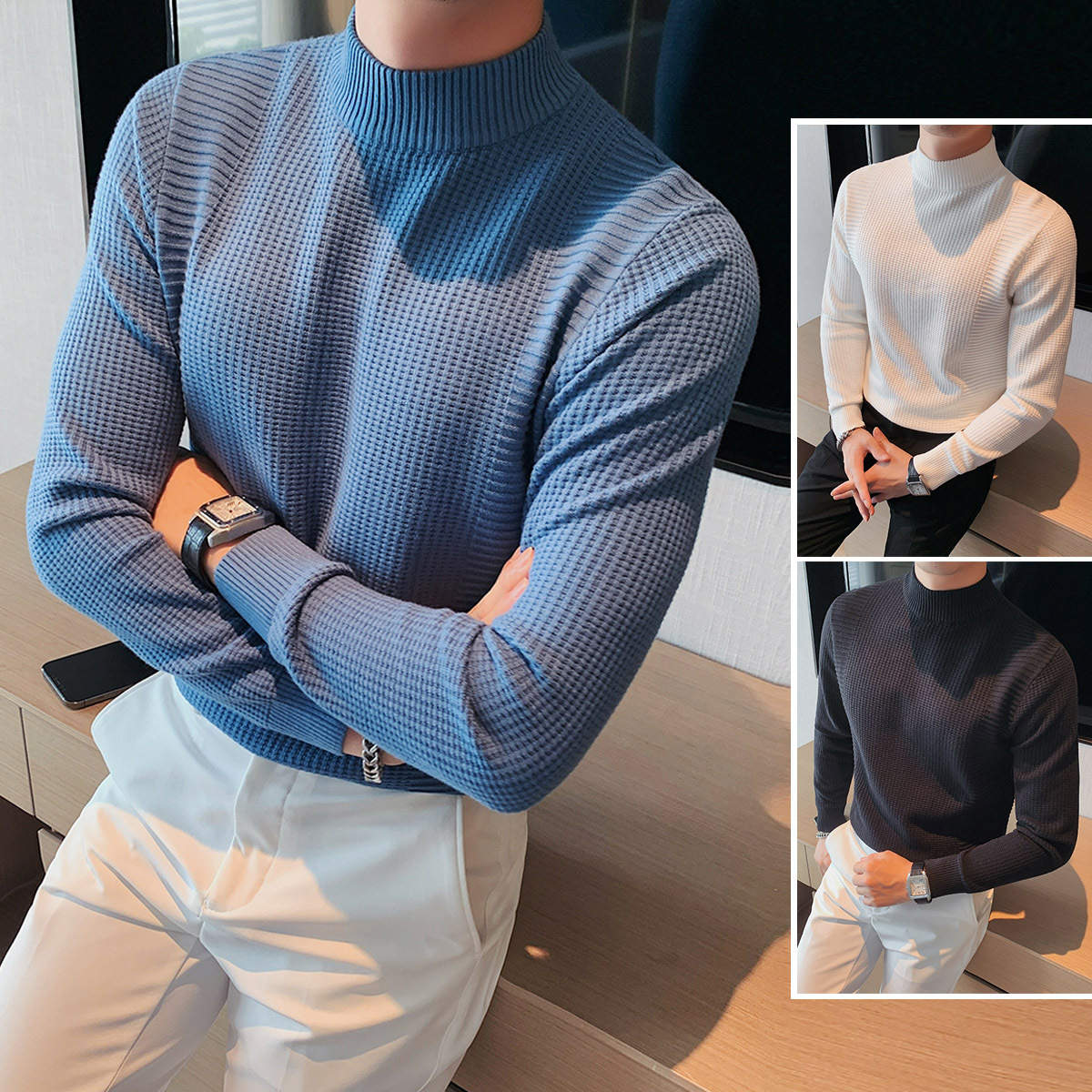 Ropa para hombre Otoño e Invierno Estilo coreano Cuello alto medio Camisa ajustada de cuello medio Suéter de punto de color sólido Moda para hombres Venta al por mayor