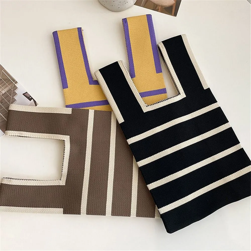 1PC Women Mini Handbag Handmade Knit Knot Wrist Japanese Color Wide Stripe Plaid Tote Bag Student Reusable Shopping Bags_voghion.com