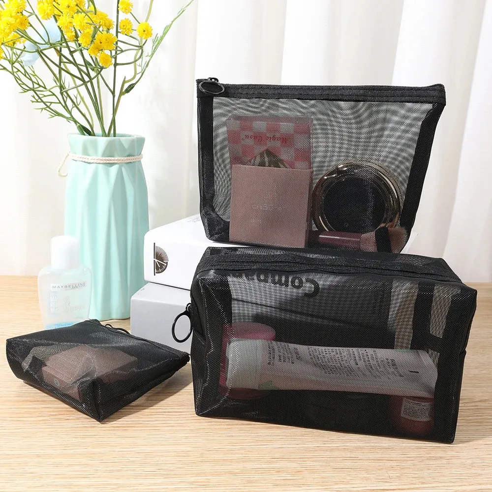 Sacs à cosmétiques transparents en maille 3 tailles, petit et grand sac de maquillage noir, organisateur de toilette de voyage Portable, rangement de rouge à lèvres_voghion.com