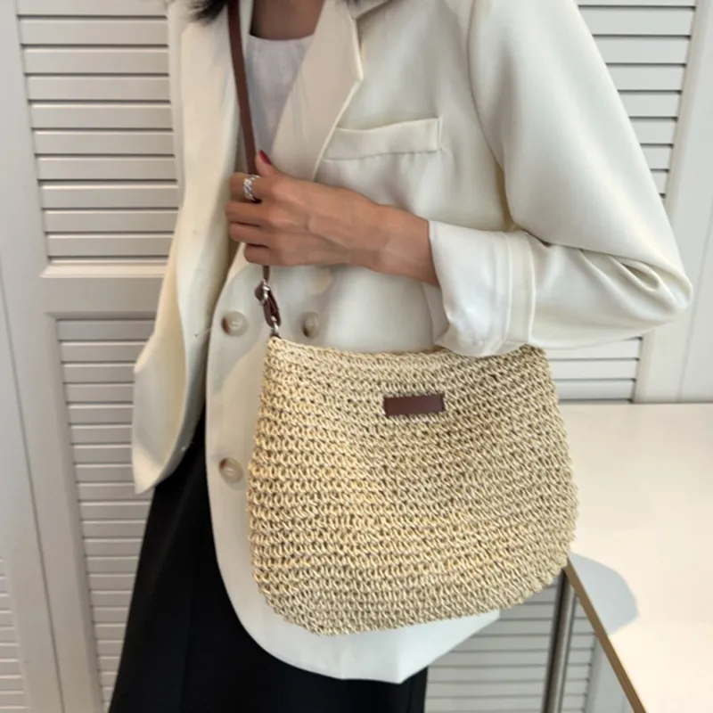 Borse e borsette lavorate a maglia, borse a tracolla da donna, in paglia intrecciata, per donna, borsa da spiaggia_voghion.com