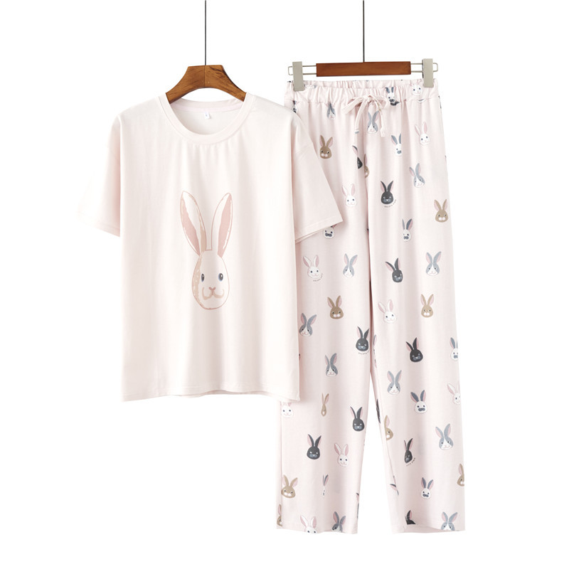 Nachtwäsche für Damen Pyjama für Damen, kurzärmelige Hose mit Cartoon-Katze und Kaninchen-Motiv, Heimanzug_voghion.com