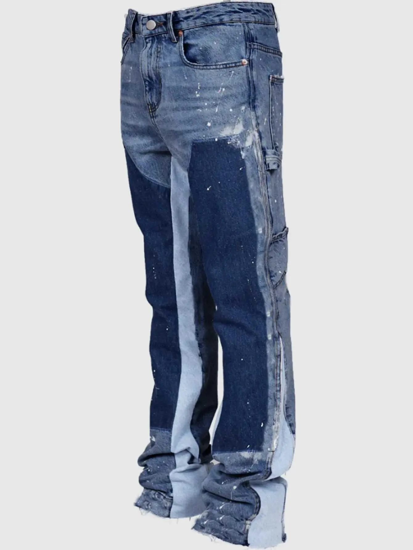Mens jeans pants European and American fashion clothes elastic splicing work denim layered Flared Pants S-XXL W240912_voghion.com
