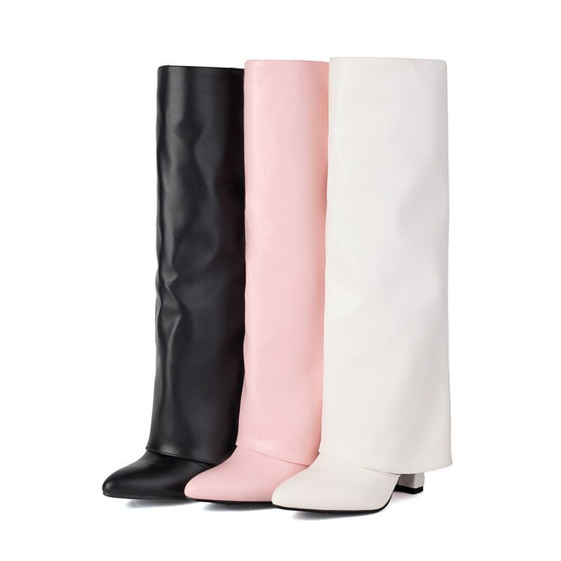 Mote kvinners bukser spisse hæler pluss størrelse slip-on high leg motestøvler_voghion.com