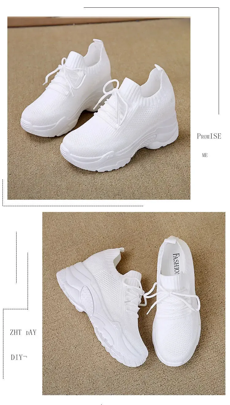 Scarpe da ginnastica casual con plateau in rete traspirante con tacco nascosto, bianche, da donna, nuove, con fondo spesso e rotondo_voghion.com