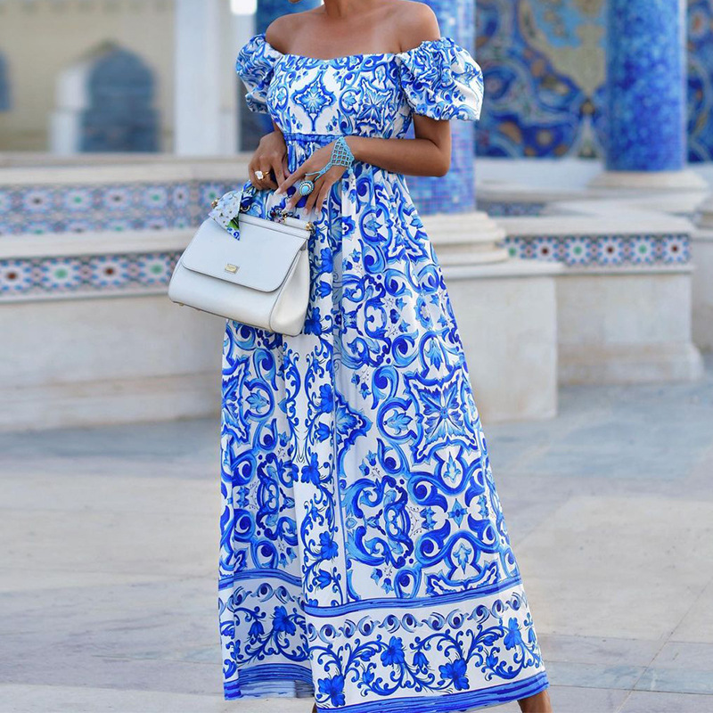Robe imprimée bohème à la mode pour femmes, col une ligne_voghion.com