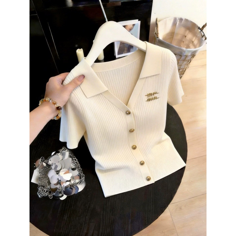 Women's Clothing Korean Style Light Luxury Gray Collared Short Sleeved Knit Top For Women Slim Fit Elegant Summer New Arrival