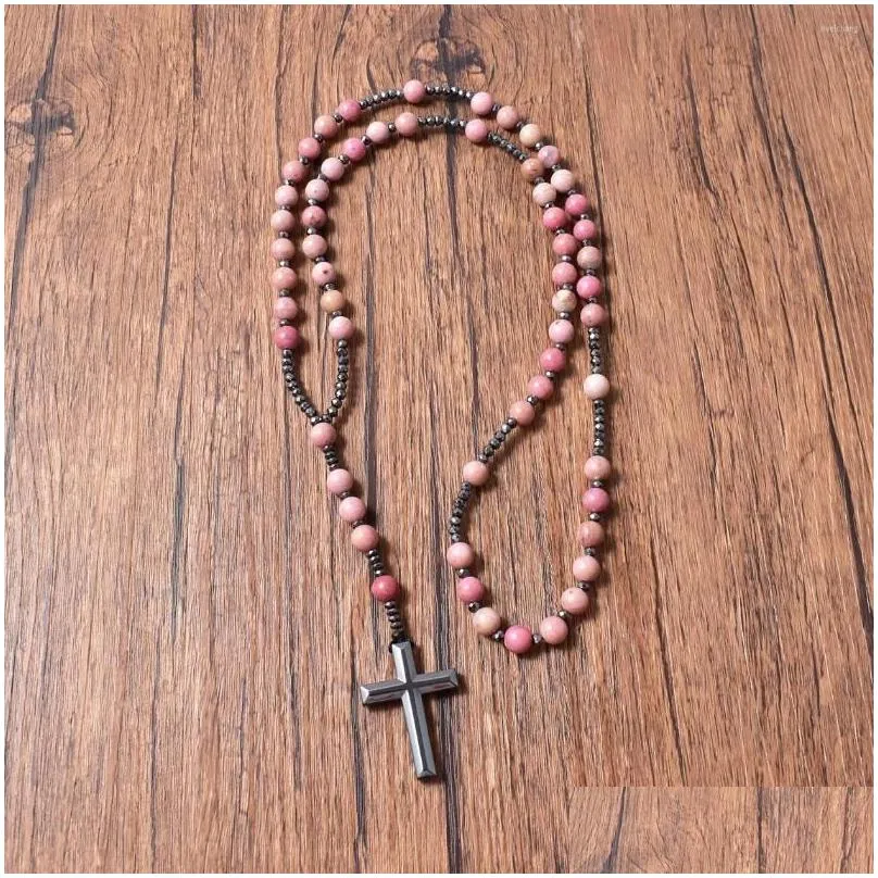 Rhodonite And Hematite Rosary Pendant Necklace For Men And Women_voghion.com