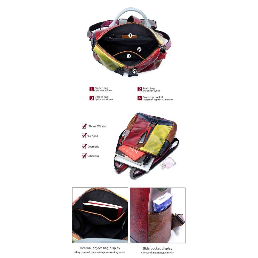 Äkta ryggsäck i nötskinn, slumpmässig färg, lapptäcksstil, unisex, användbar ryggsäck, damer, mini-mochila, shoppingväska 2021_voghion.com