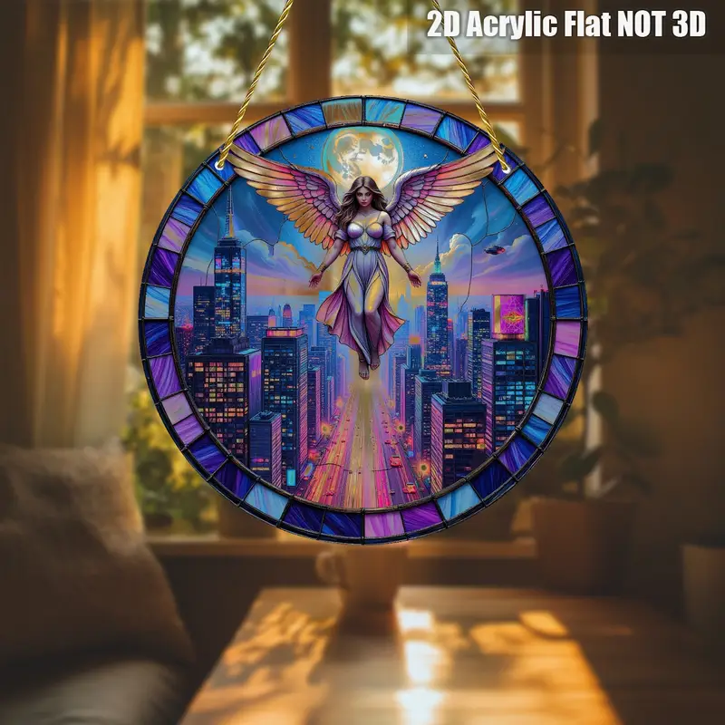8x8in Cyberpunk Angel Suncatcher - Glowing Cityscape Acrylic Art For Modern Home & Office Decor_voghion.com