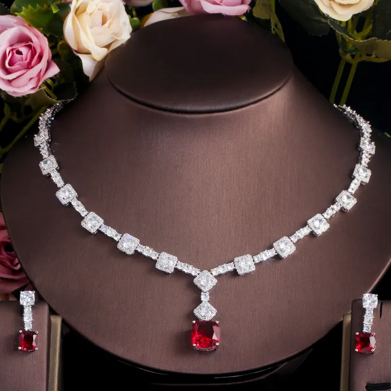 ThreeGraces Elegant Gul CZ Krystal Sier Farve Store Firkantede Dråbeøreringe Halskæde Bryllupsfest Smykkesæt til Kvinder_voghion.com