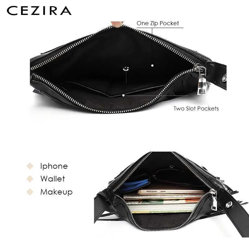 CEZIRA Bohemia Quaste Fransen Ladi Seitentaschen Veganes Leder Stilvolle Designer Mädchen Kleine Umhängetasche Reißverschluss Umschlag Clutch_voghion.com
