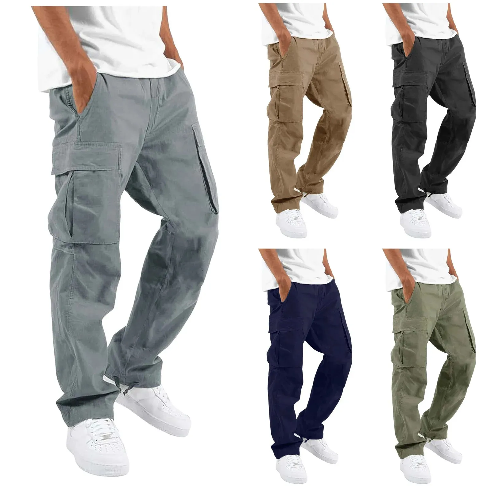 Pantalon cargo décontracté pour homme, coupe slim, couleur unie, poches, coupe droite, bas long, ample_voghion.com