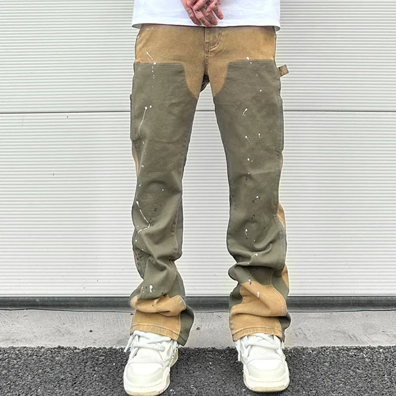 Pantalon cargo ample en denim micro-élastique délavé peint à l'encre pour homme, style patchwork Y2K, surdimensionné et décontracté_voghion.com