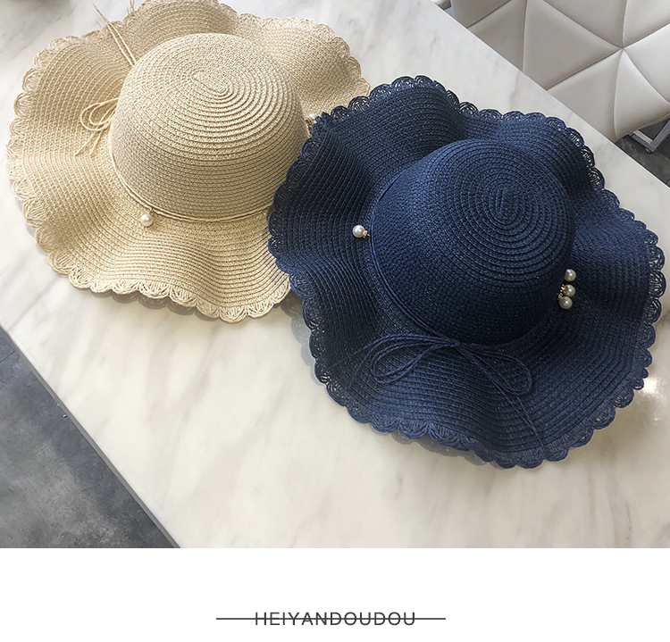 Hat for women in summer, small refreshing waves, large brimmed straw Korean version, versatile pearl, casual protection,_voghion.com