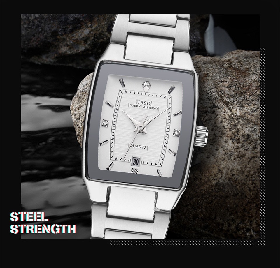 IBSO/Episino Nouvelle montre pour femme avec calendrier à bande carrée en acier de qualité supérieure_voghion.com