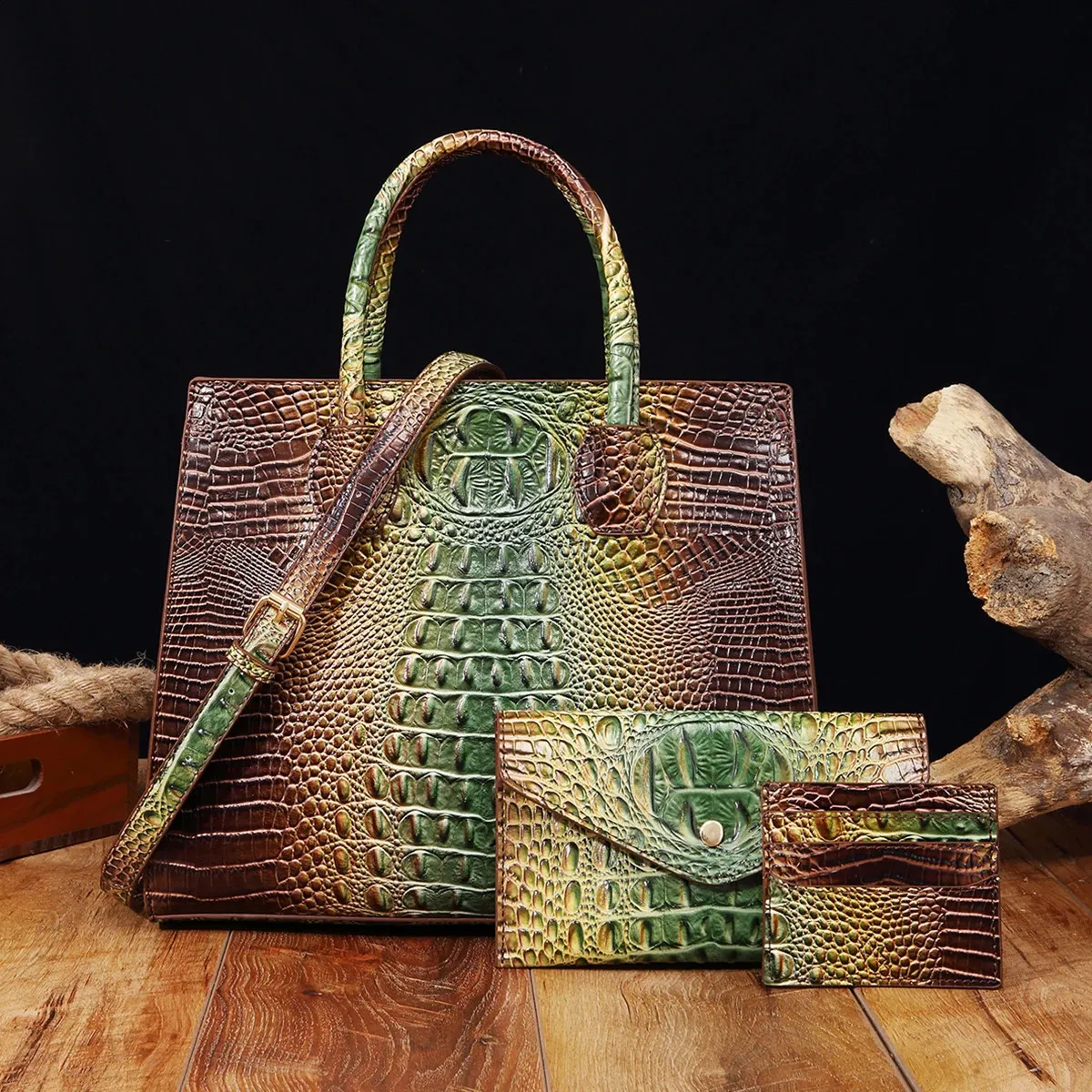 3-teiliges Muster-Handtaschen-Geldbörsen-Set, multifunktionaler Vintage-Umhängetaschen-Business-Clutch-Tasche mit Kartenhalter, Coi 240924_voghion.com