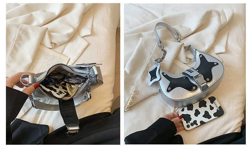 Y2k Shoulder Premium Pu Leather Mixed Color Rivet Fashion Handbag Retro Designer Women's Wallet Street Dressing Bag_voghion.com